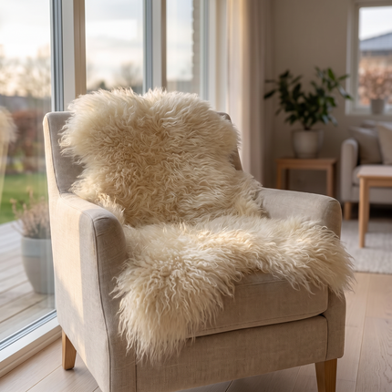 Islandsk saueskinn | Lang ull | 90 cm Beige / Hvit